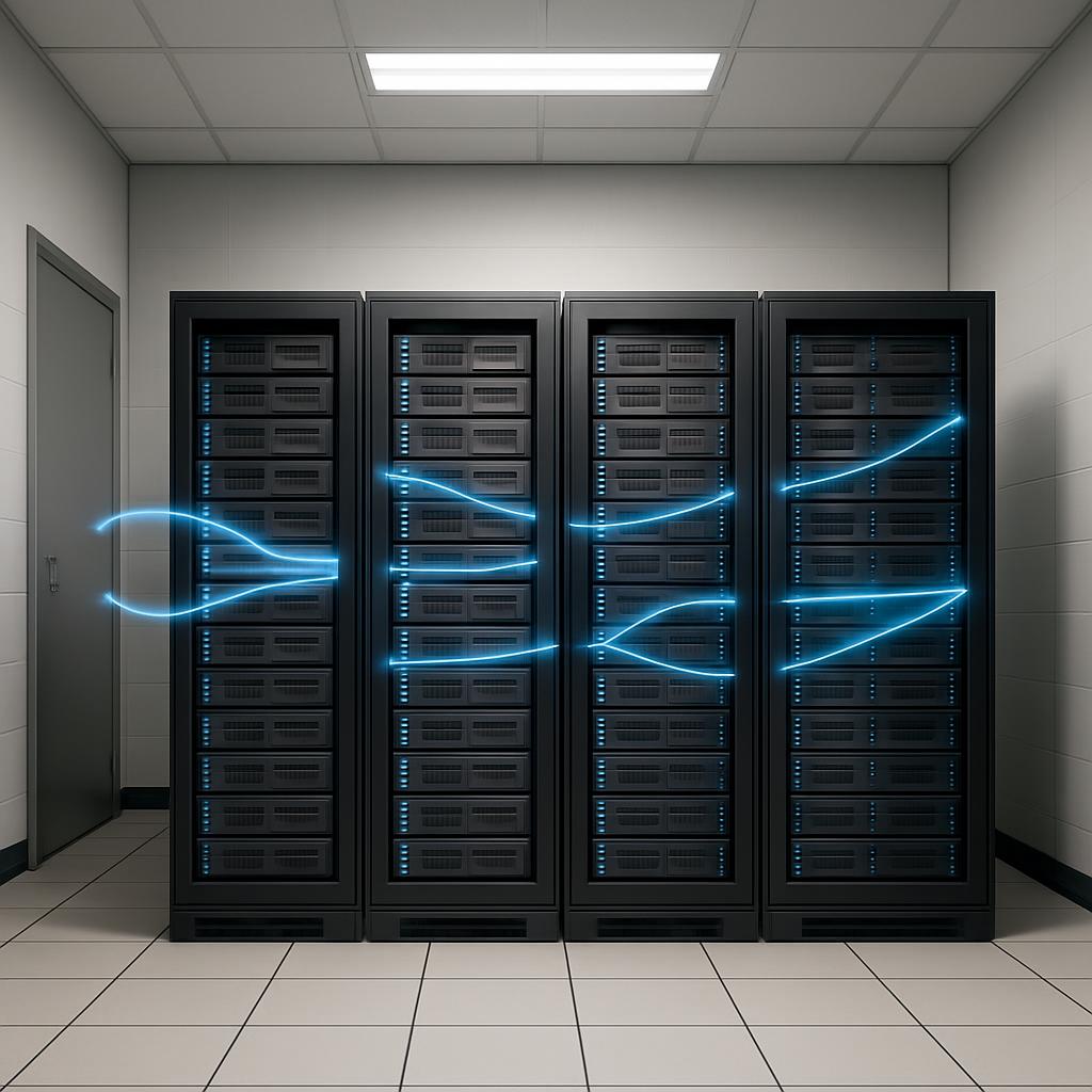 Un arrangement de serveurs informatiques en salle informatique.