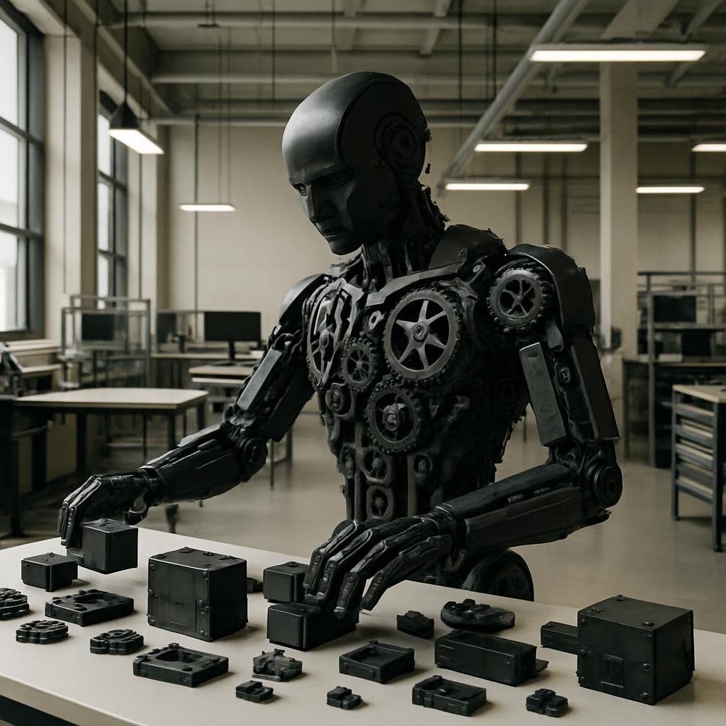 Un robot humain est assis à une table couverte de pièces de réparation, le regard fixé sur le travail qui se trouve devant...