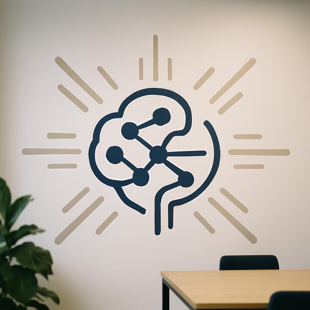 A graphic of a human brain, radiating from inside to complement a desk and chair set against a room wall.